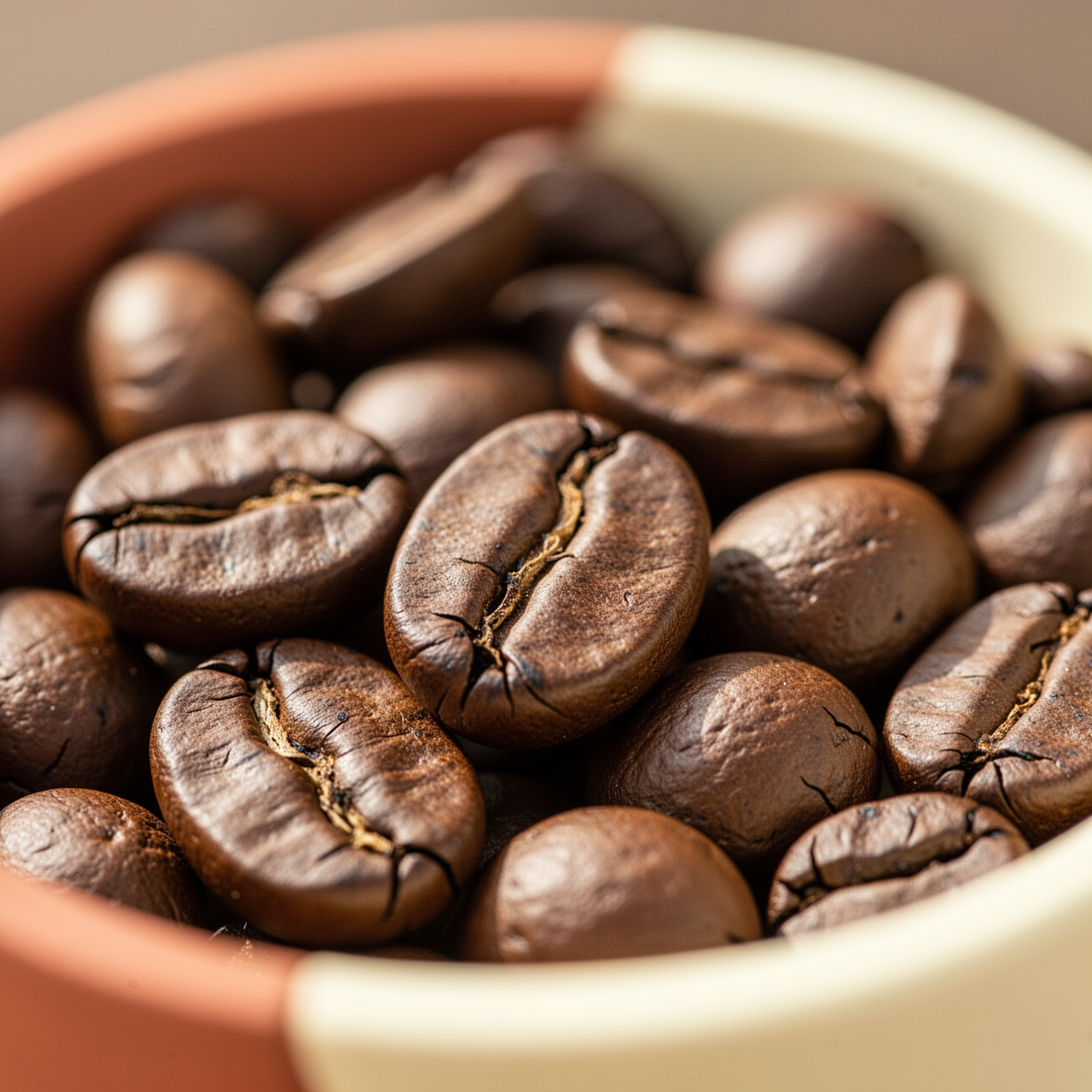 Macro de granos de café de especialidad recién tostados