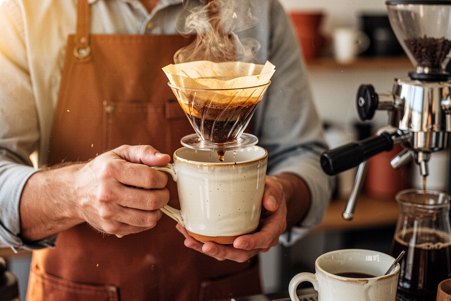 Barista vertiendo un café de filtro recién preparado sobre una taza de cerámica